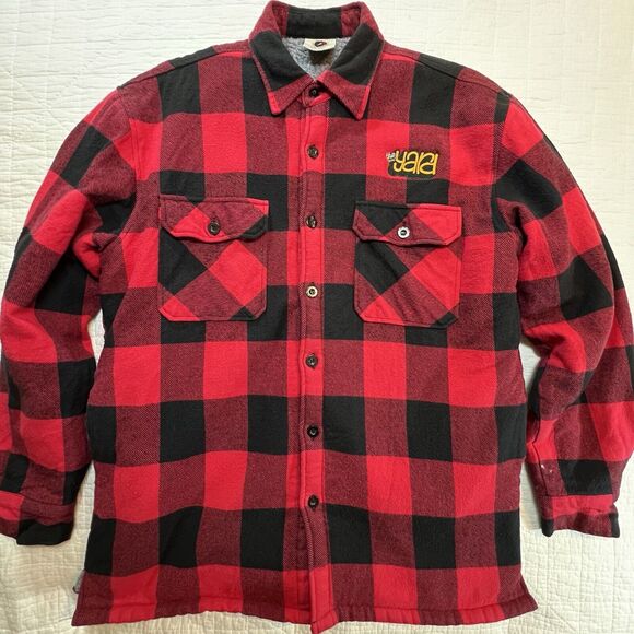 Vintage Buffalo Plaid Mens Medium Sherpa‎ Lined Flannel Button Jacket Rothco Red - Picture 1 of 8